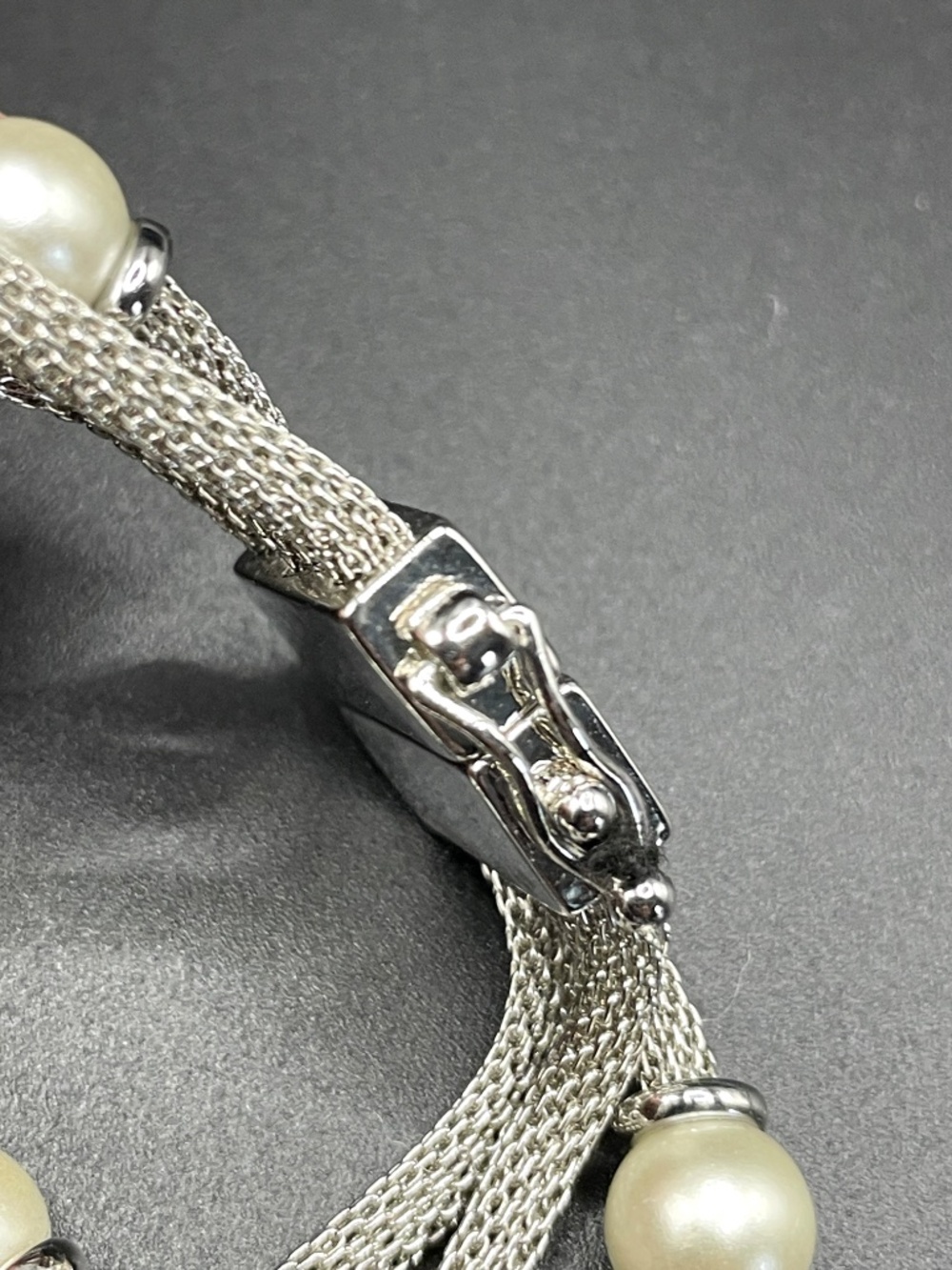Anne Klein 3 Row Silver Tone Mesh Faux Pearl Bracelet 7 1/2" - Picture 5 of 14